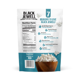 Black Jewell Organic Select White popcorn kernel close-up highlights tender popping.