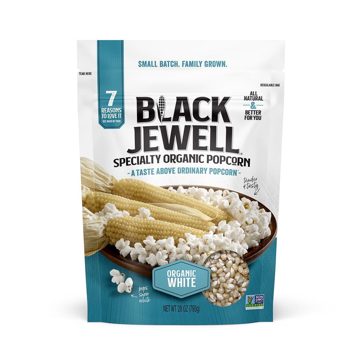 Black Jewell Organic Select White popcorn package showcases premium kernels for tasty snacking.