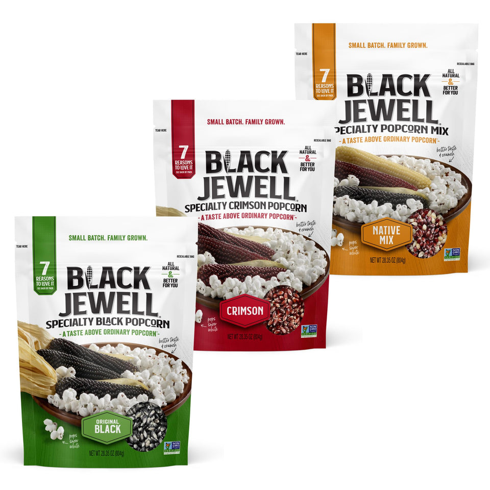 Black Jewell Original Black kernels in a bag, rich, savory popcorn ready to enjoy.
