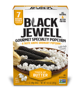 Black Jewell White Microwave Popcorn pack six butter bags for family snacking.