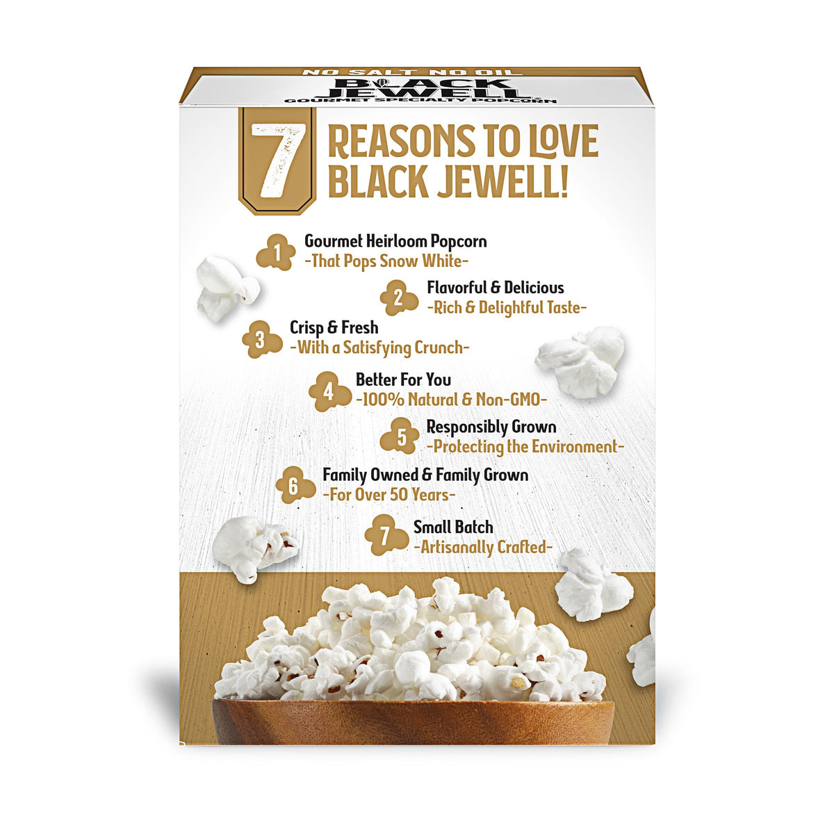 Black Jewell Gourmet Popcorn close-up reveals crisp, light kernels and airy texture.