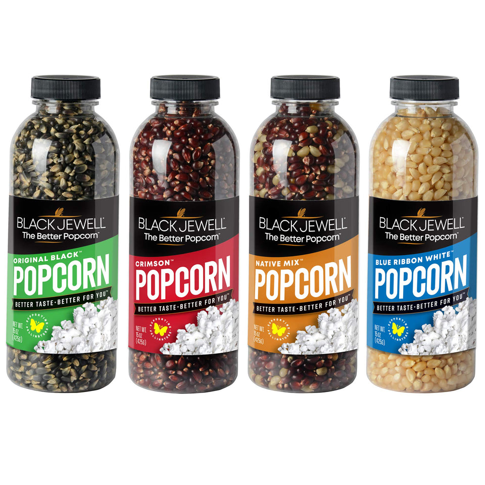 Black Jewell 15 oz kernels front view, ready to pop for movie night.