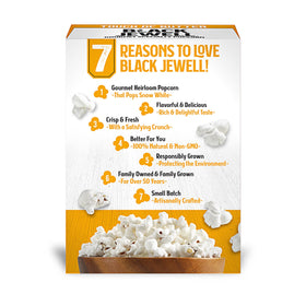 Black Jewell White Popcorn bag open reveals tender kernels and light crispness.