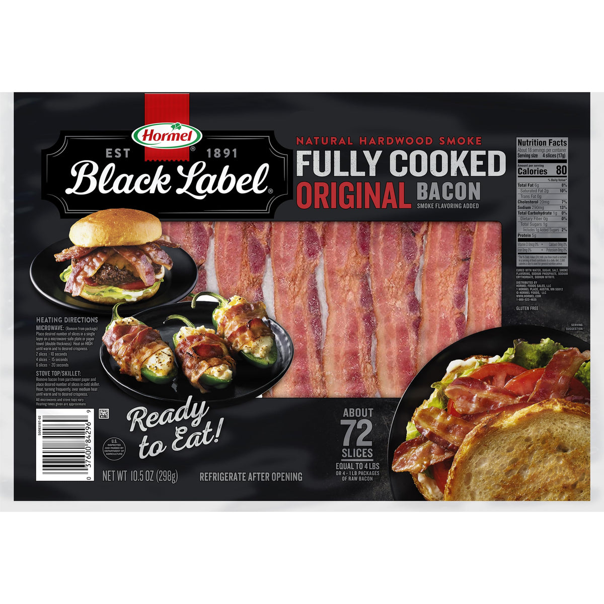 Black Label Fully Cooked Bacon pack front view, ready for quick breakfasts.