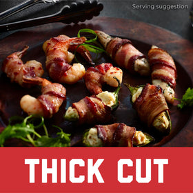 Black Label fully cooked slices close-up highlighting thick cut and savory smokiness.