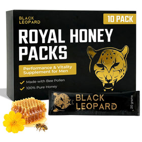 Black Leopard Honey Packs box front, convenient energy boost for busy days.