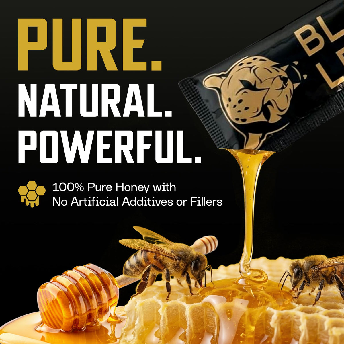 Black Leopard Honey Packs pour image, smooth texture ideal for tea or smoothies.
