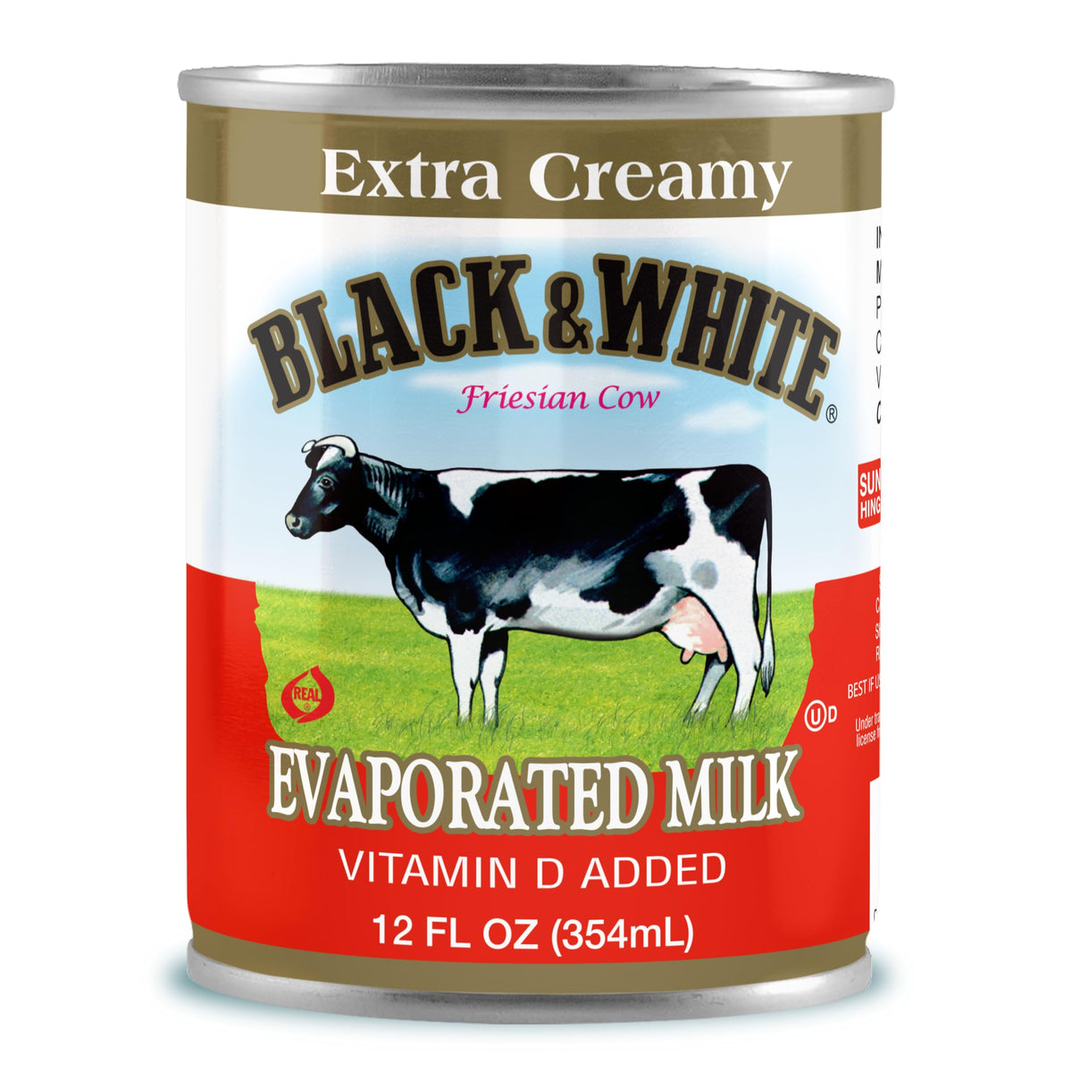 Black & White Extra Creamy Evaporated Milk bottle ready for daily desserts and coffee use.
