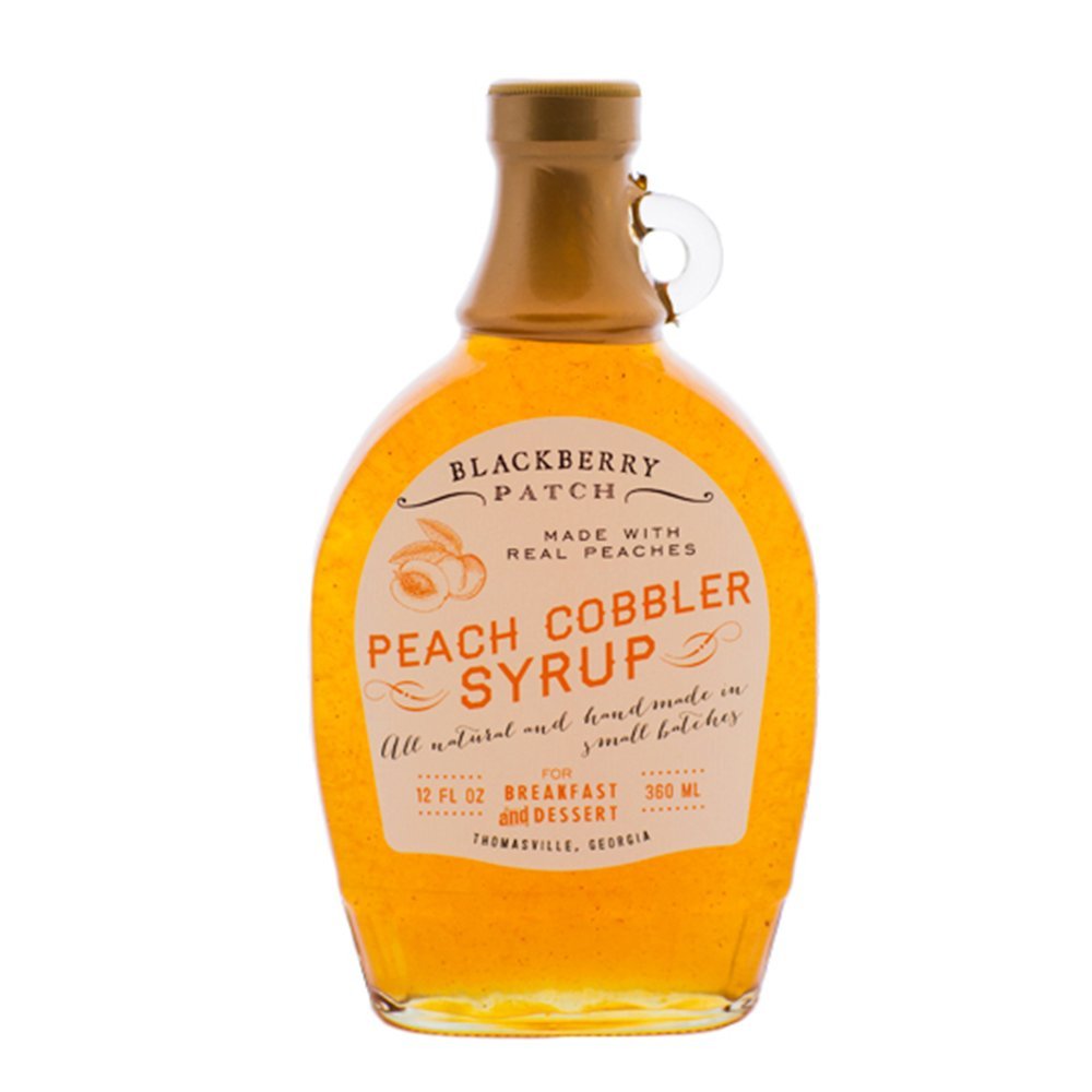 Blackberry Patch Peach Cobbler Syrup bottle highlighting all-natural, small-batch flavor ideal for breakfast
