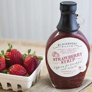 Blackberry Patch Strawberry Syrup label close-up highlights handcrafted Georgia small-batch quality.