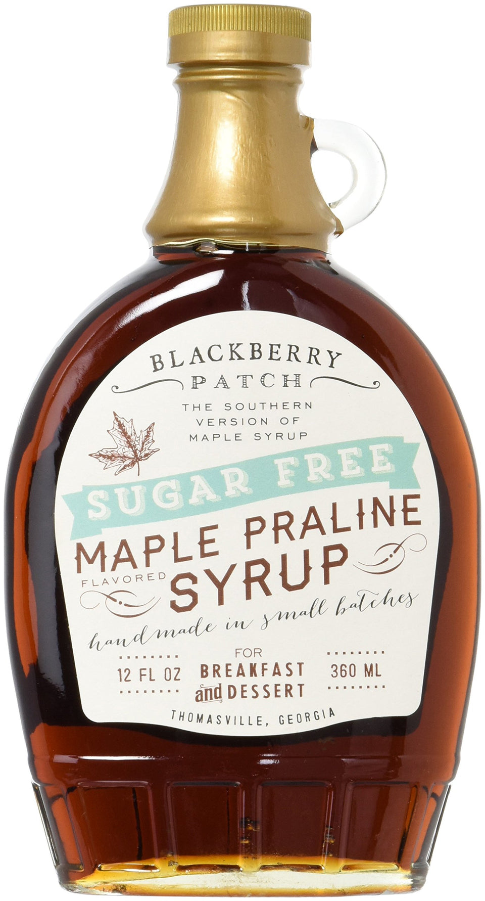Blackberry Patch Sugar Free Maple Praline Syrup bottle, low-calorie topping for pancakes