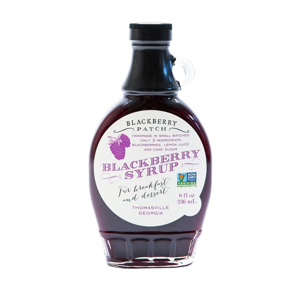 Blackberry Patch Syrup jar pour – enhances pancakes with real fruit flavor.