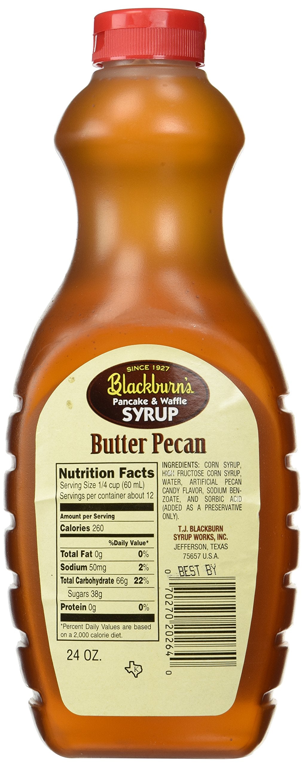 Blackburn's Pancake & Waffle Syrup bottle beside desserts, highlighting baking versatility.