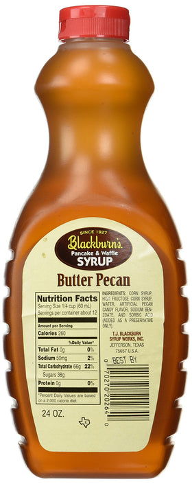 Blackburn's Pancake & Waffle Syrup bottle beside desserts, highlighting baking versatility.
