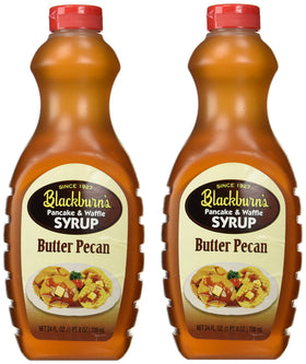 Blackburn's Butter Pecan Syrup pours over pancakes for a rich breakfast experience.