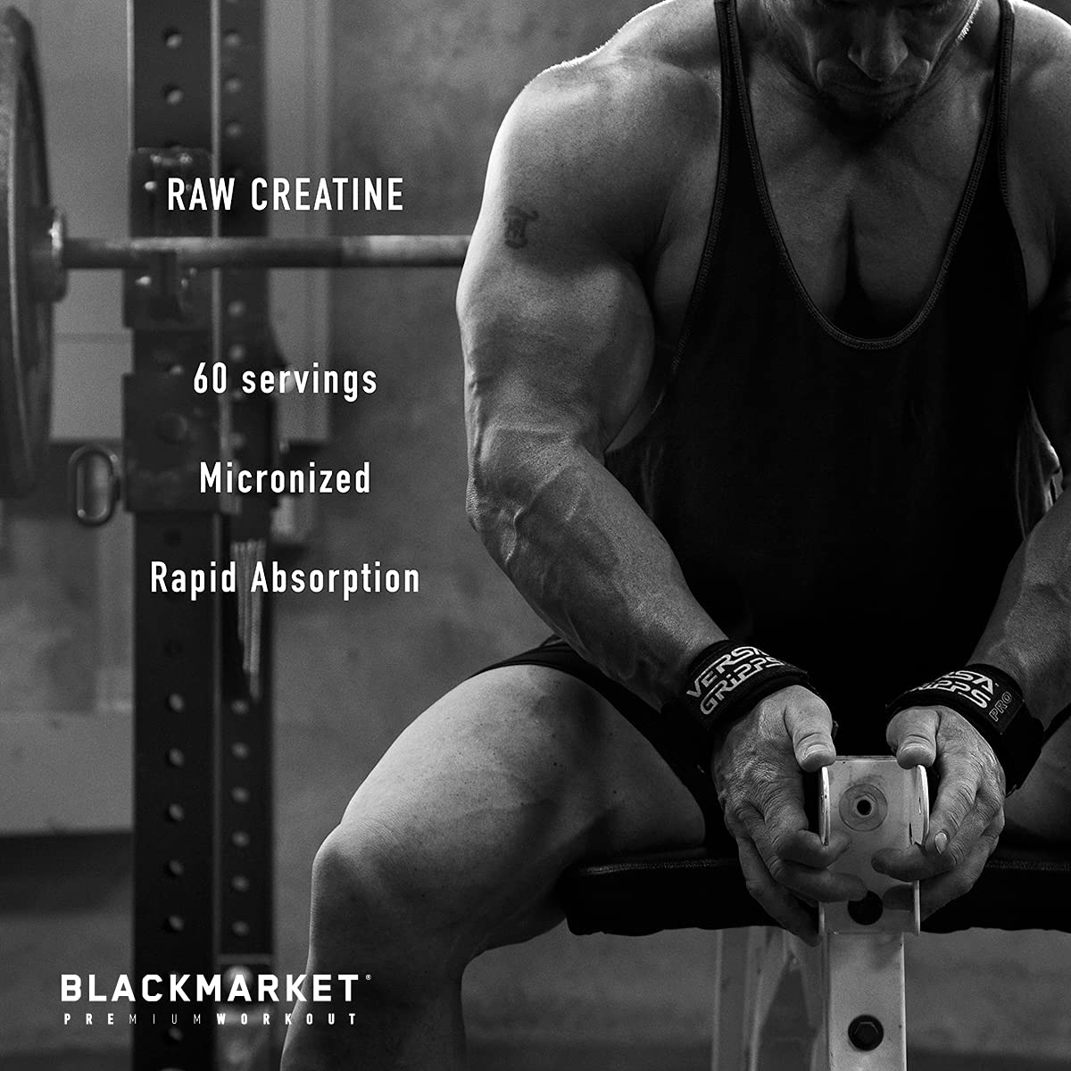 BLACKMARKET RAW Creatine bottle on shelf, lab-tested purity for athletes