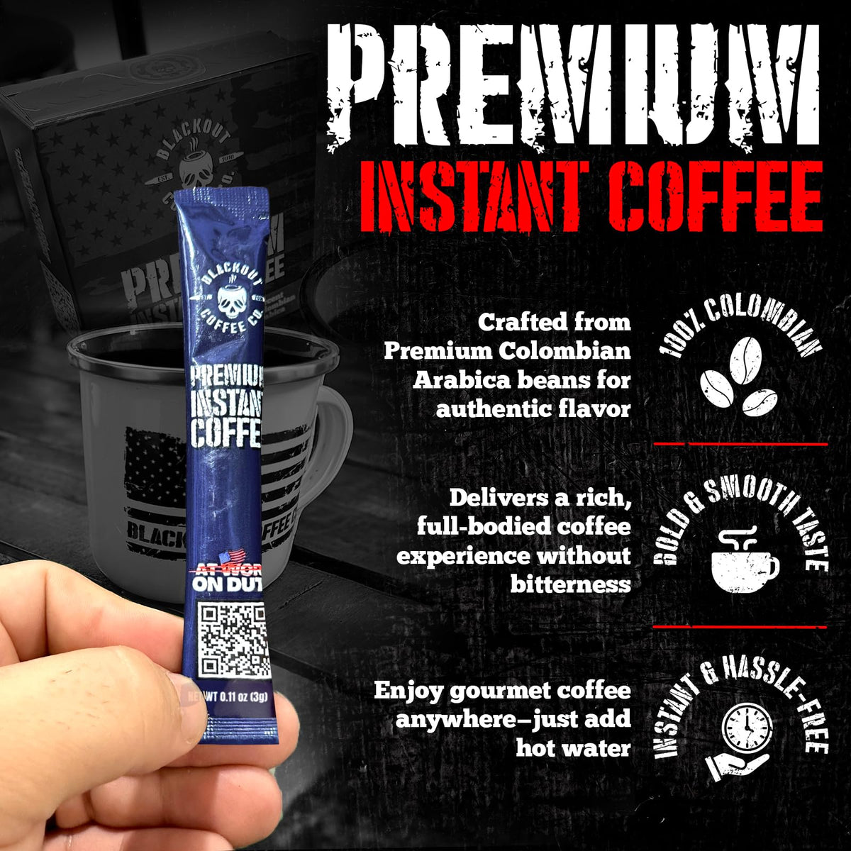 Blackout Coffee 100 percent Arabica beans highlighted in compact packaging.