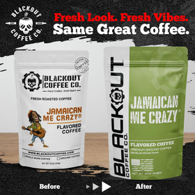 Blackout Coffee 12oz ground coffee pouch front for quick, convenient brews.