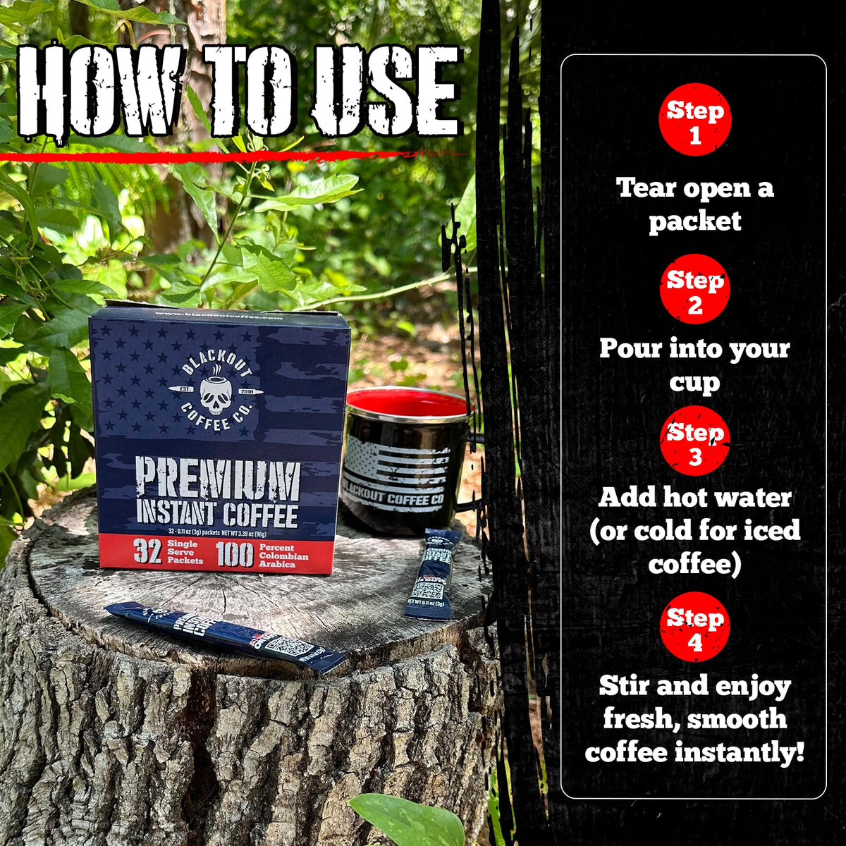 Blackout Coffee 32-count box front highlighting value and readiness.