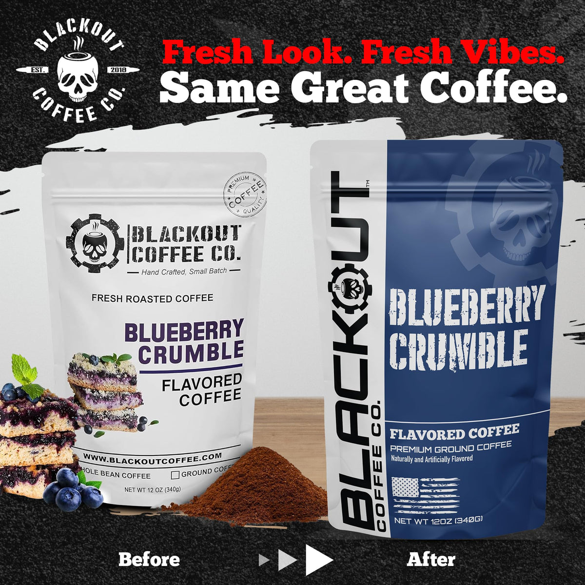 Blackout Coffee Blueberry Crumble cup-pour showing inviting aroma and balanced finish.