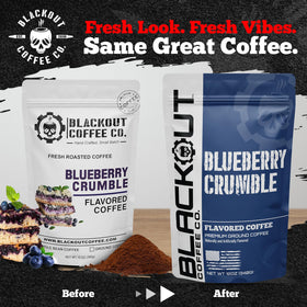Blackout Coffee Blueberry Crumble cup-pour showing inviting aroma and balanced finish.