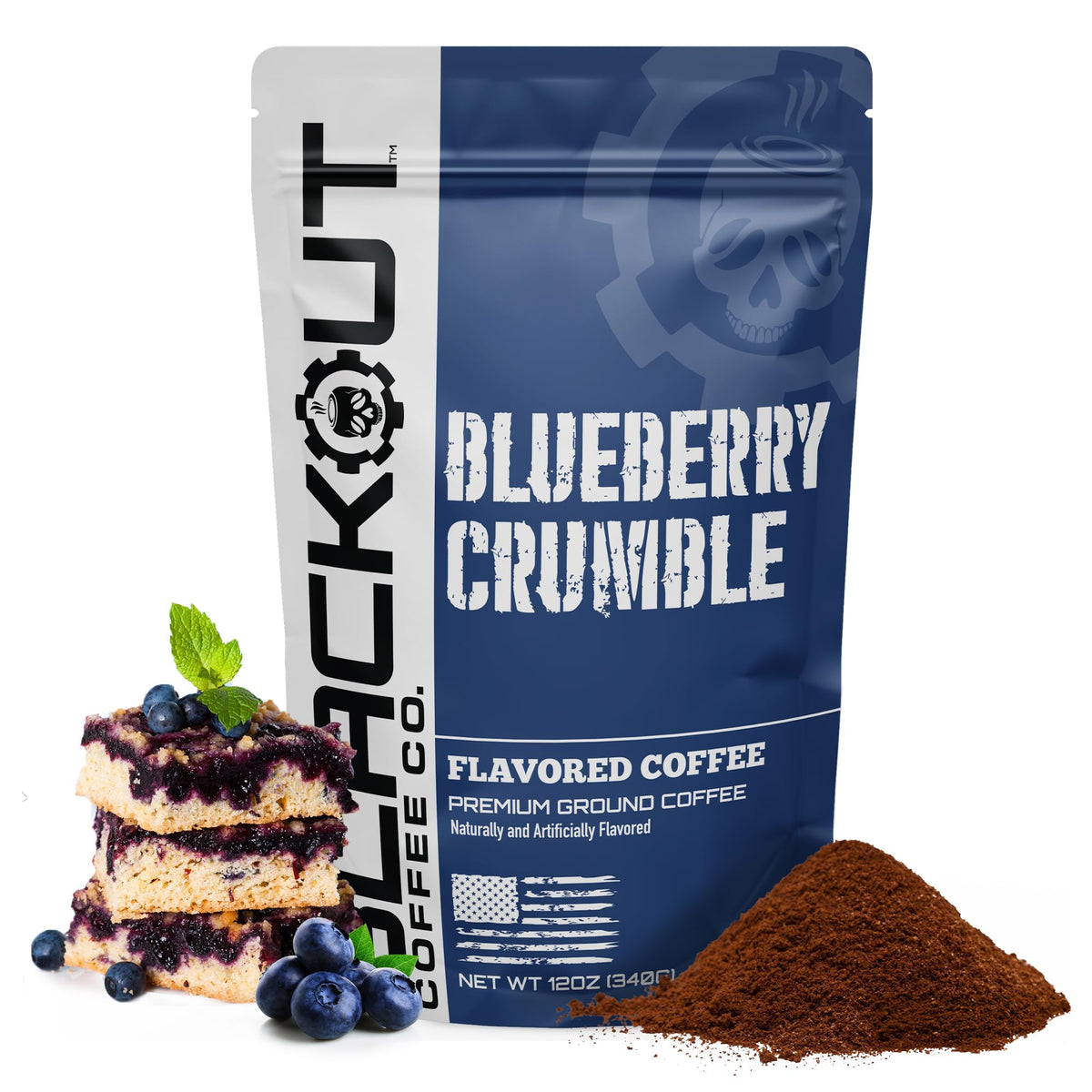 Blackout Coffee Blueberry Crumble ground bag with smooth flavor for everyday brewing.