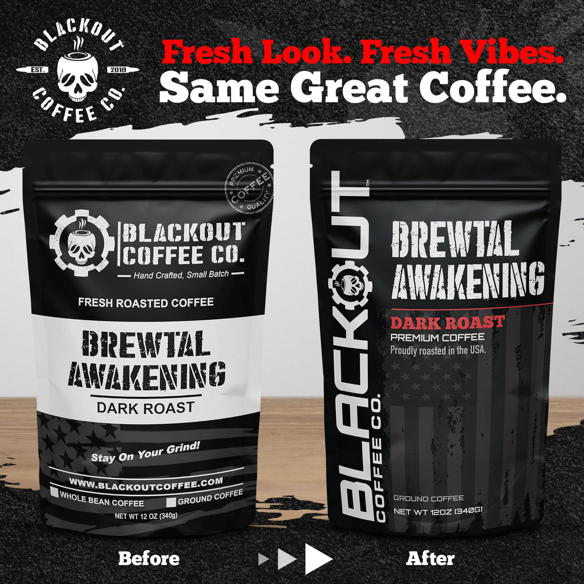 Blackout Coffee Brewtal Awakening beans close-up highlights premium Arabica richness.