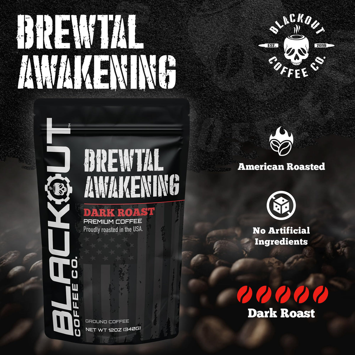 Blackout Coffee Brewtal Awakening ground coffee dispense emphasizes quick, hassle-free brewing.