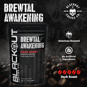 Blackout Coffee Brewtal Awakening ground coffee dispense emphasizes quick, hassle-free brewing.