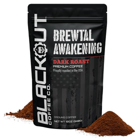 Blackout Coffee Brewtal Awakening packshot shows bold dark roast in a ready-to-brew bag.