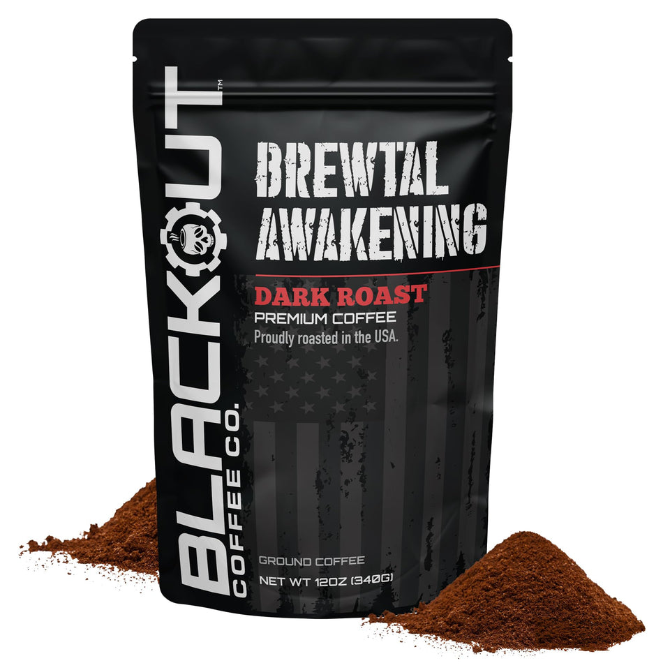 Blackout Coffee Brewtal Awakening packshot shows bold dark roast in a ready-to-brew bag.
