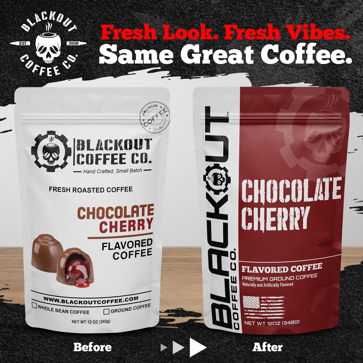 Blackout Coffee Co. chocolate cherry beans close-up highlights premium Arabica quality.