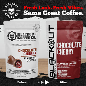 Blackout Coffee Co. chocolate cherry beans close-up highlights premium Arabica quality.