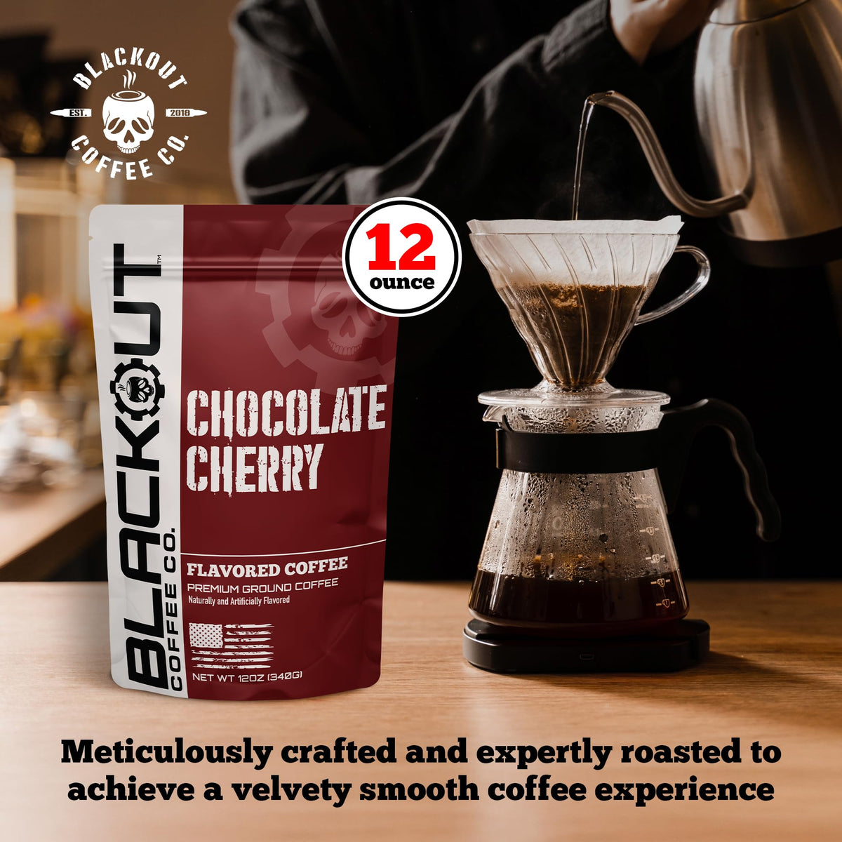 Blackout Coffee Co. pre-ground packaging enables quick brewing.