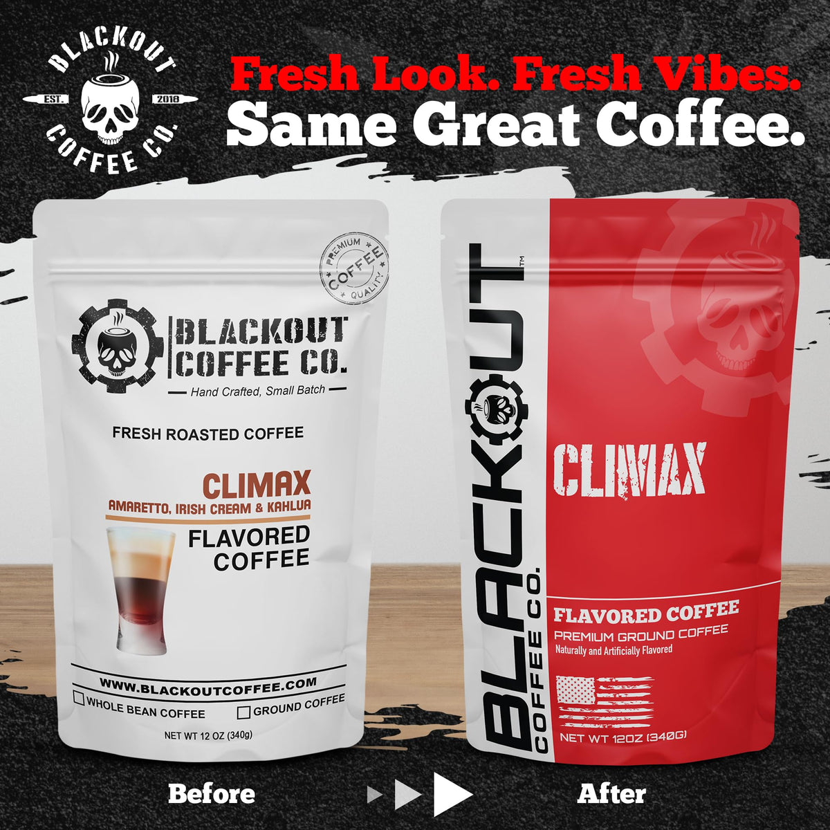 Blackout Coffee Climax Amaretto Irish Cream Kahlua being poured for a creamy, balanced cup.