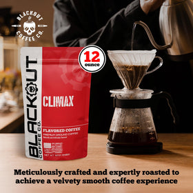 Blackout Coffee Climax Amaretto Irish Cream Kahlua ground coffee close-up highlighting aroma.