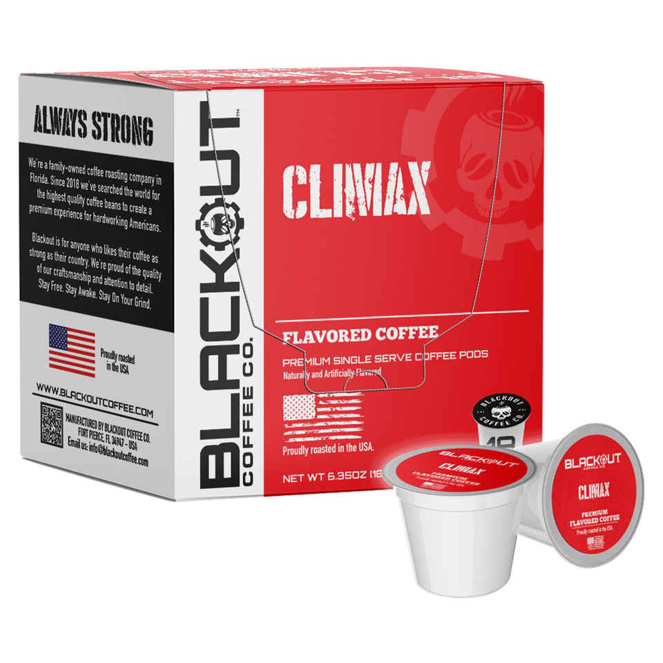 Blackout Coffee Climax Amaretto-Irish-Kahlua pods deliver smooth, indulgent flavor at home