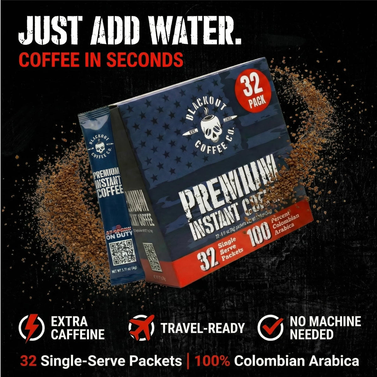 Blackout Coffee instant coffee packet ready in seconds for on-the-go fueling.