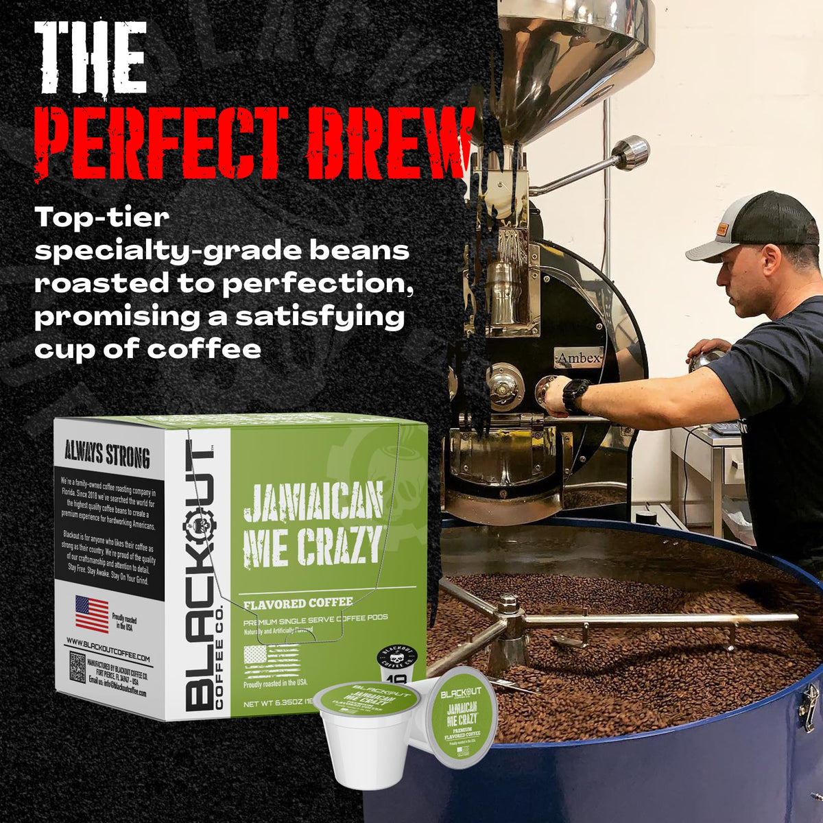 Blackout Coffee Jamaican Me Crazy beans closeup emphasizes 100% Arabica quality.