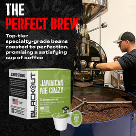Blackout Coffee Jamaican Me Crazy beans closeup emphasizes 100% Arabica quality.