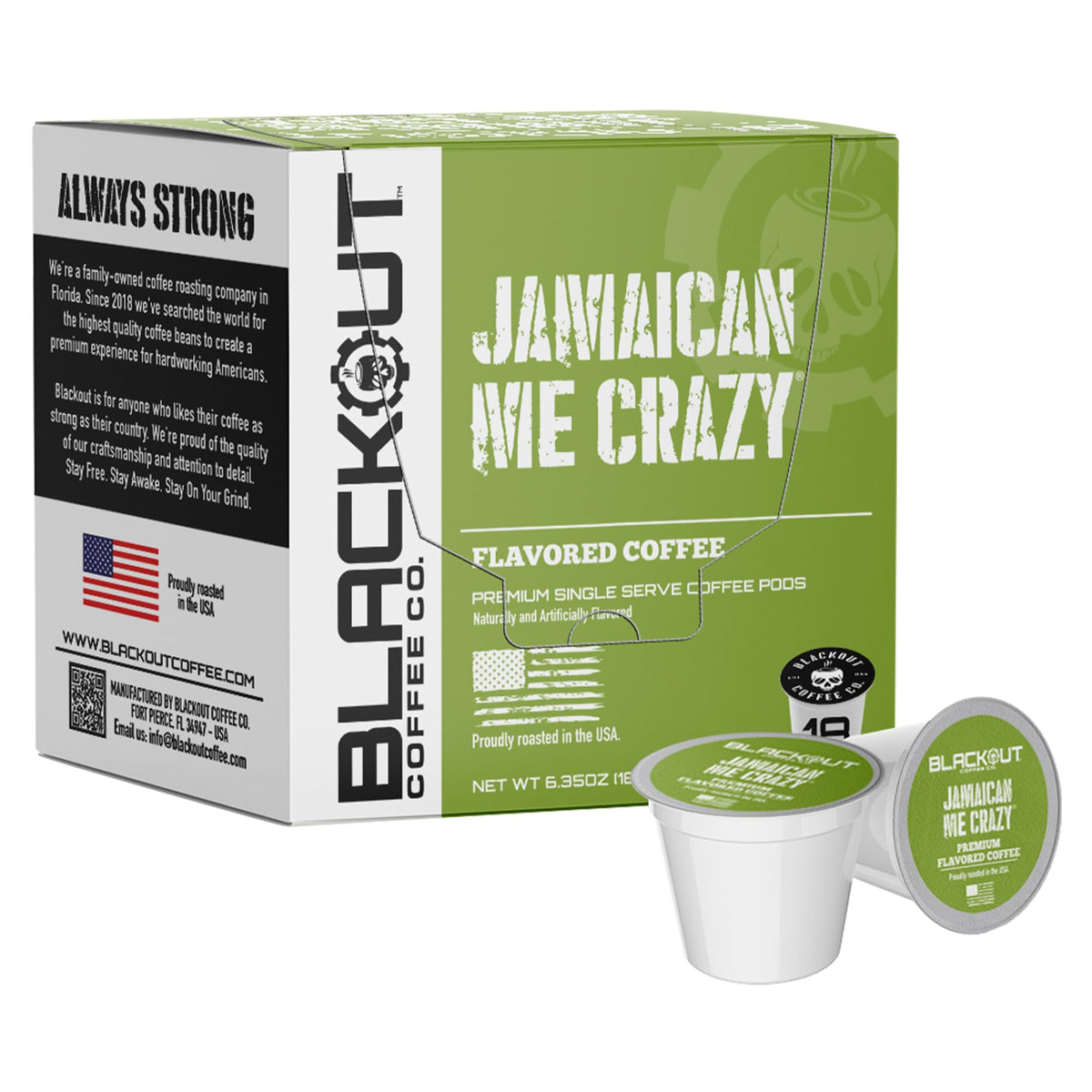 Blackout Coffee Jamaican Me Crazy front-view pod, rich flavor for busy mornings.