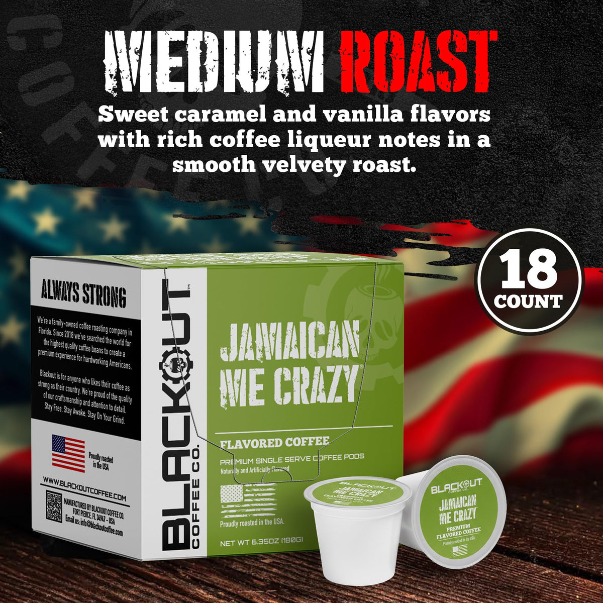 Blackout Coffee Jamaican Me Crazy pods compatible with K-Cup brewers for easy setup.