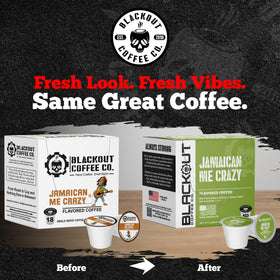 Blackout Coffee Jamaican Me Crazy packaging highlights convenient 18-count supply.