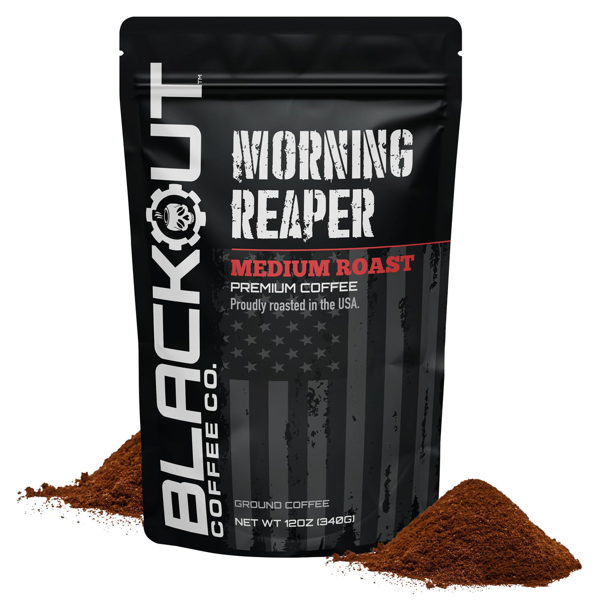 Blackout Coffee Morning Reaper ground coffee, rich roast ready for a bold, smooth cup