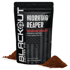 Blackout Coffee Morning Reaper ground coffee, rich roast ready for a bold, smooth cup