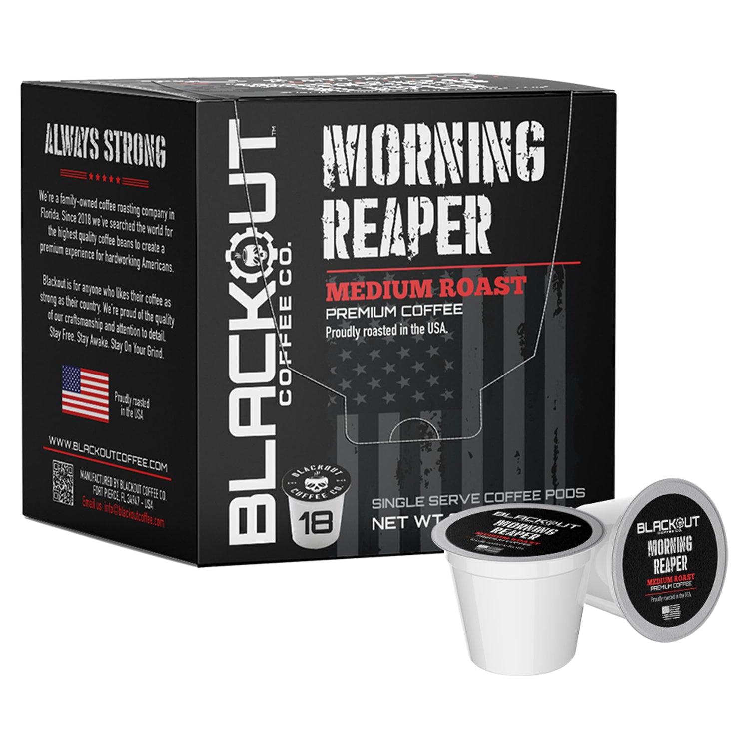 Blackout Coffee Morning Reaper pods pack ready for quick, bold morning brews.