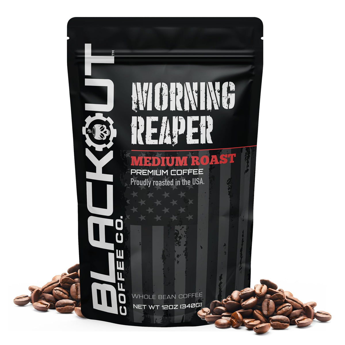 Blackout Coffee Morning Reaper whole beans deliver bold, smooth base for a satisfying morning brew.