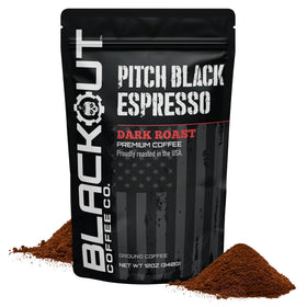Blackout Coffee Pitch Black Espresso bag showing premium extra dark roast profile for bold mornings.