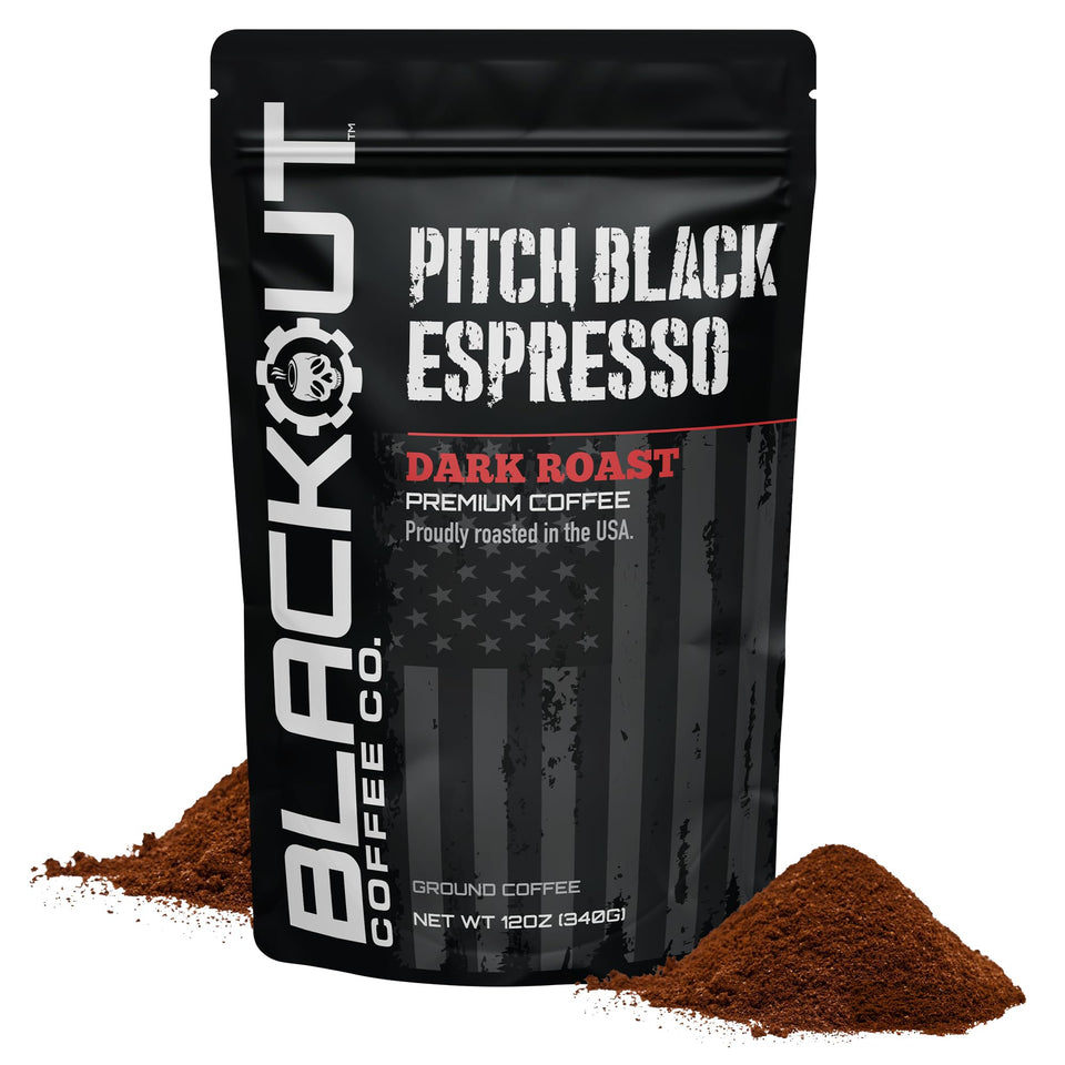 Blackout Coffee Pitch Black Espresso bag showing premium extra dark roast profile for bold mornings.