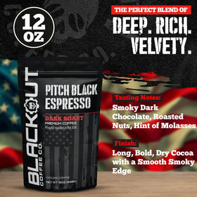 Blackout Coffee Pitch Black Espresso grind bag emphasizes freshness and small-batch roast.